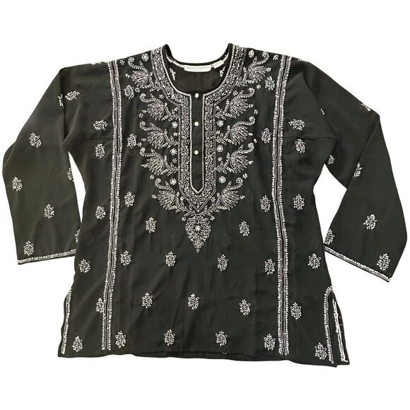Graham Kandiah NY Embellished Long Sleeve Tunic Flowy Black White Top Size Large - Picture 1 of 16